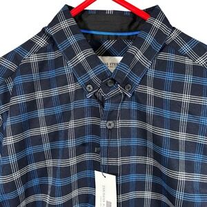 Thomas Sterling Mens Medium Plaid Button Down Shirt Navy Blue Long Sleeve New